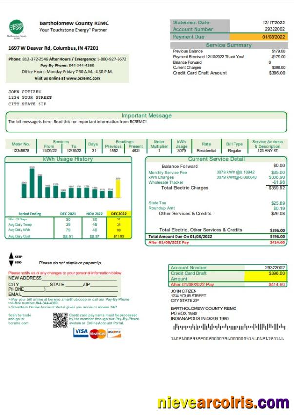 USA Indiana Bartholomew County REMC utility bill